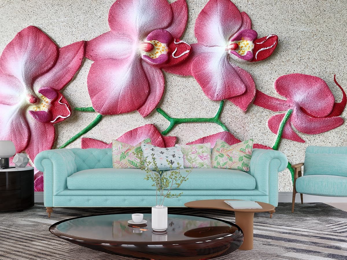 A Phalaenopsis Flowers Design Wallpaper shown in a room