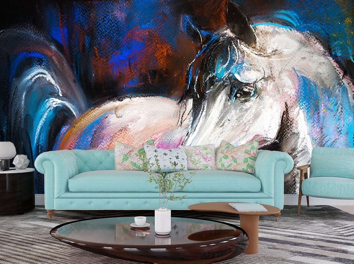 Abstract Horse Painting Wallpaper shown in a room