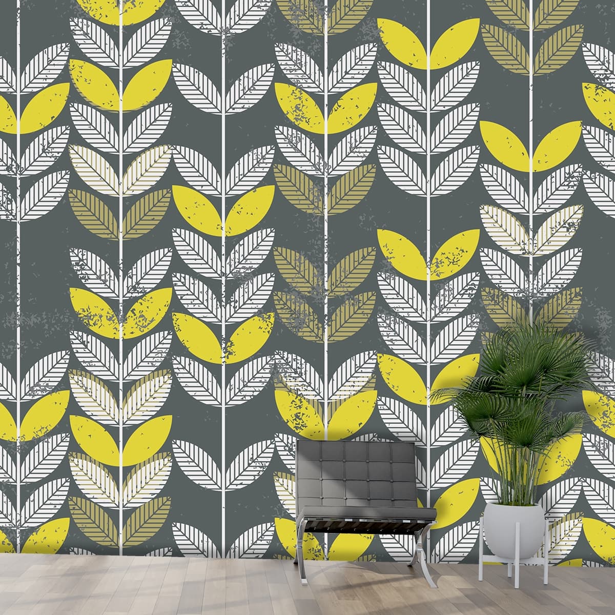 A pattern of leaves on a gray background shown in a room