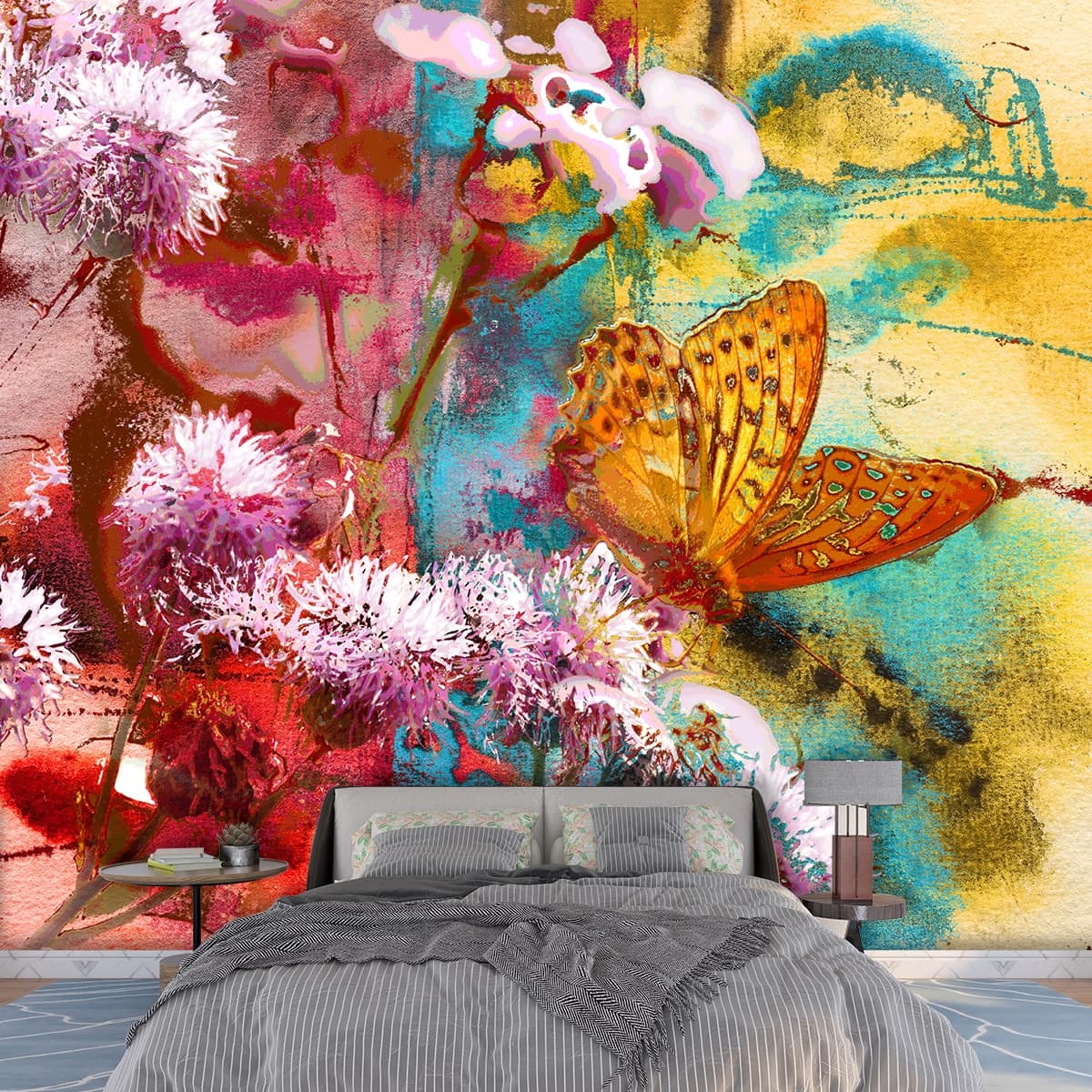 Butterfly Sitting on a Flower 3d Wallpaper shown in a room