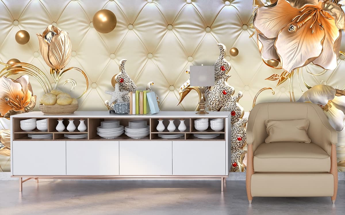 A pair of swans with flowers shown in a room