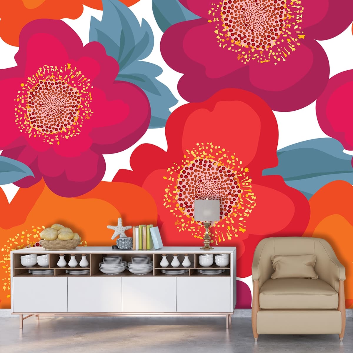 Colorful Floral Wallpaper for Wall shown in a room