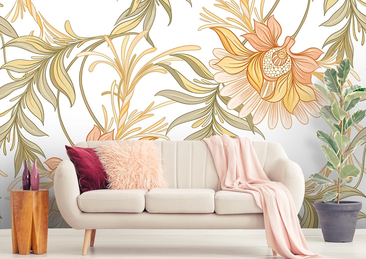 A Captivating Wallpaper Pattern of Flowers and Leaves shown in a room
