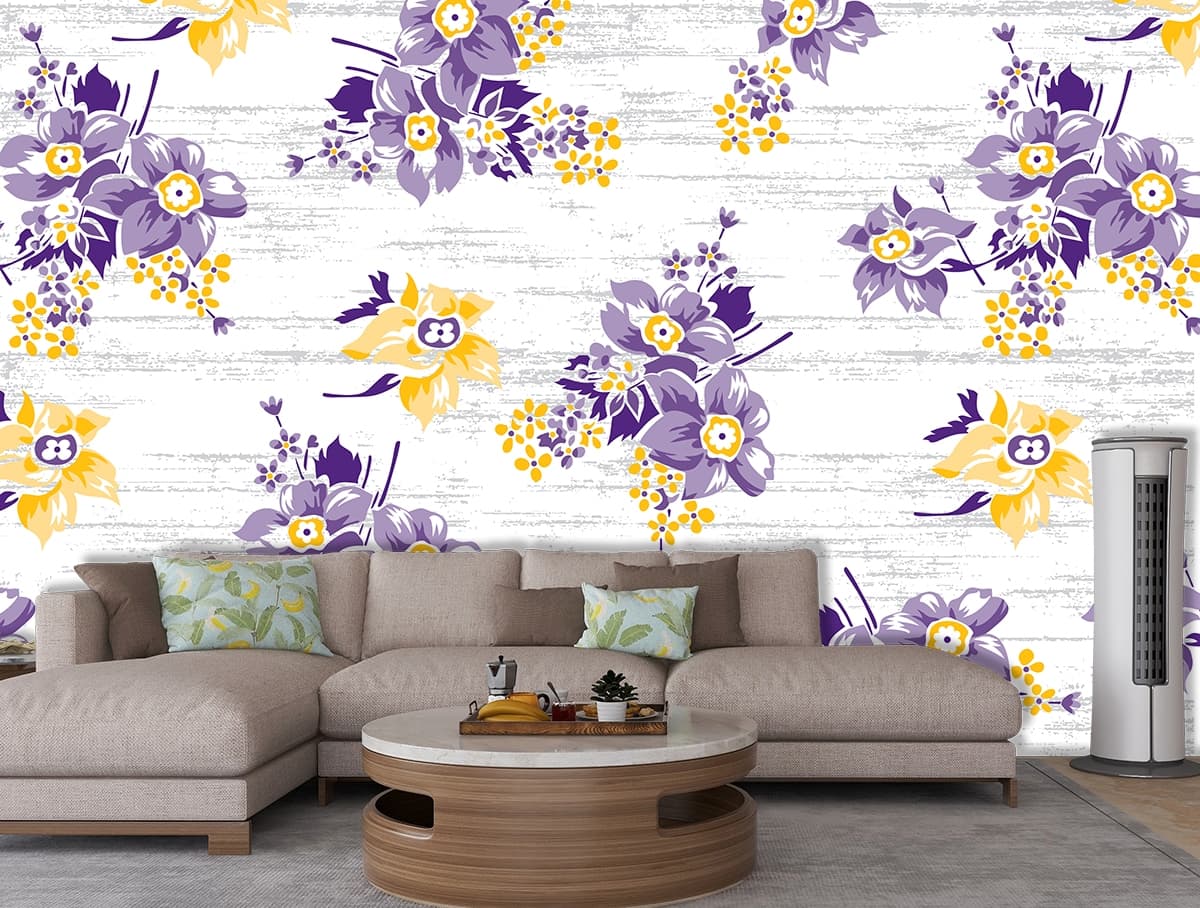 Classic Floral Pattern in Purple and Yellow Wallpaper shown in a room