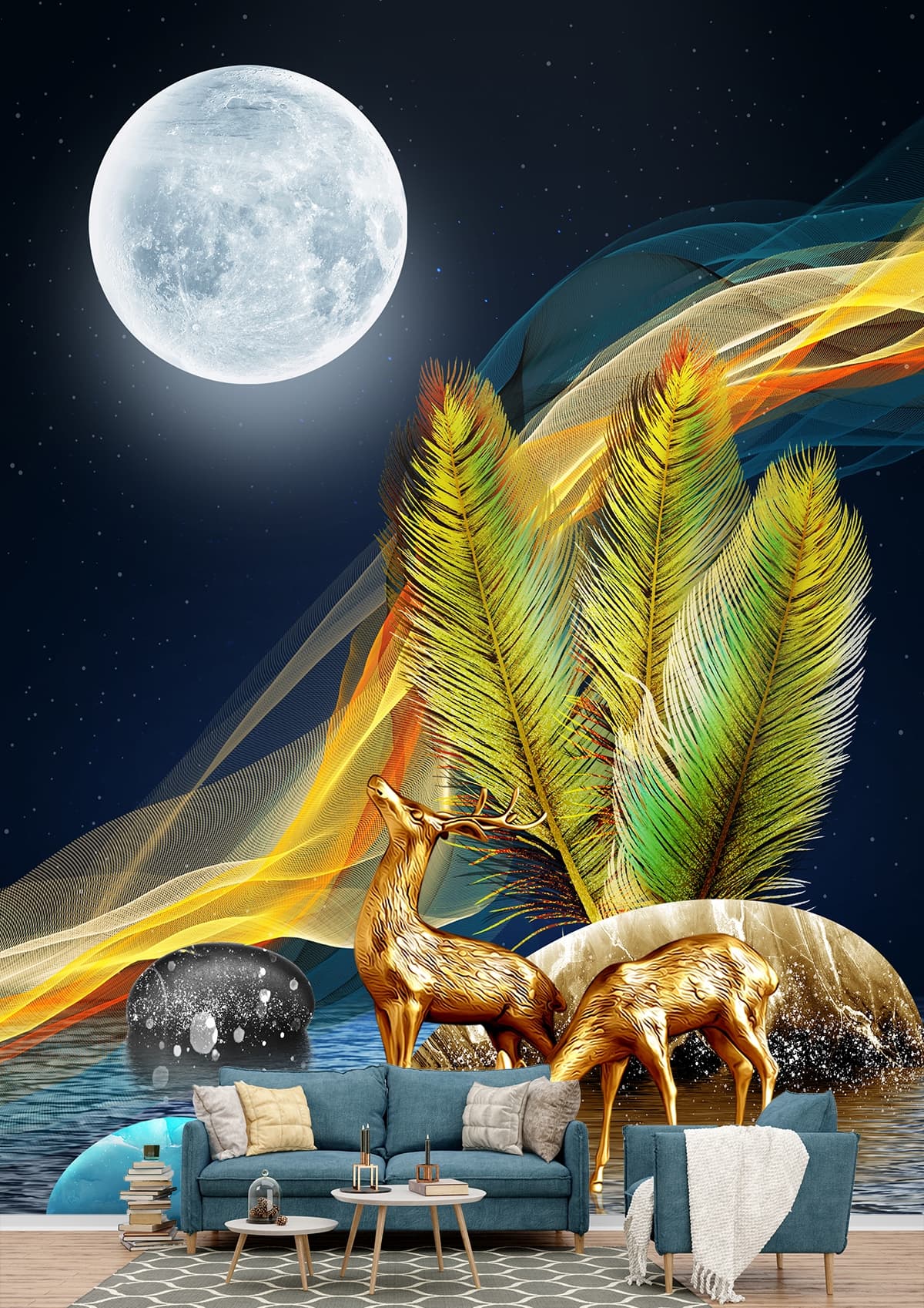 Palm Leaves and Moon Wallpaper shown in a room