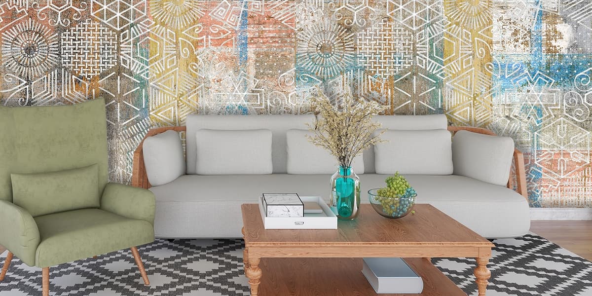 A Wall Decorated with Patterned Wallpaper shown in a room