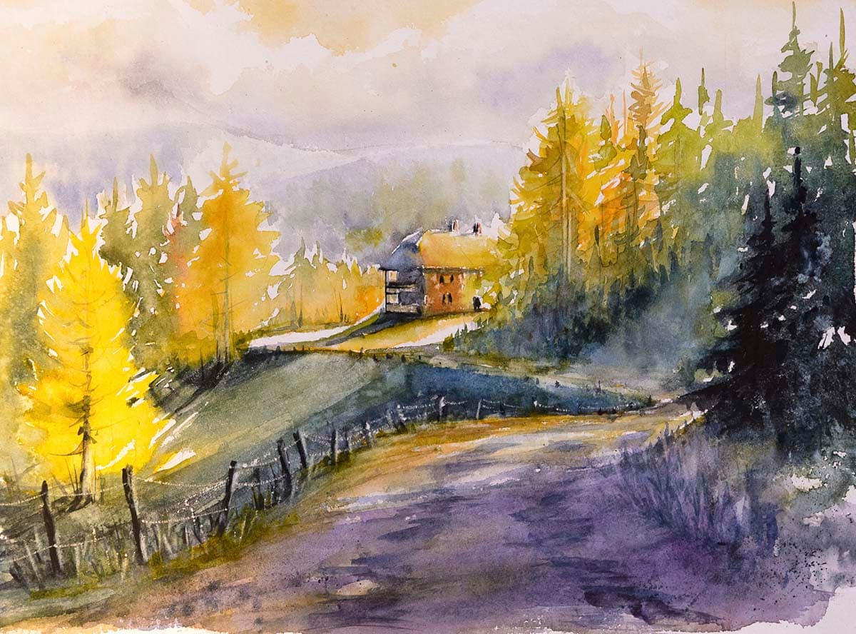 A house on a hill with trees and a fence pattern detail