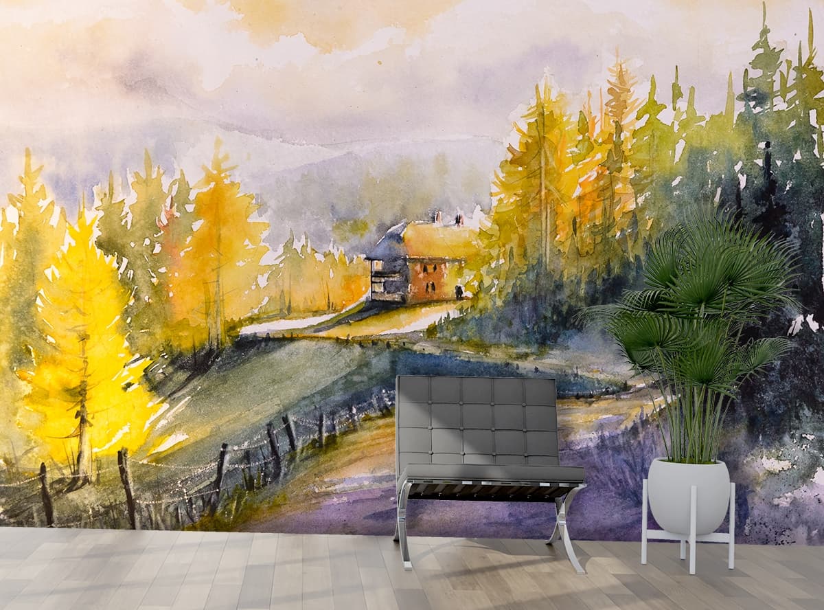 A house on a hill with trees and a fence shown in a room