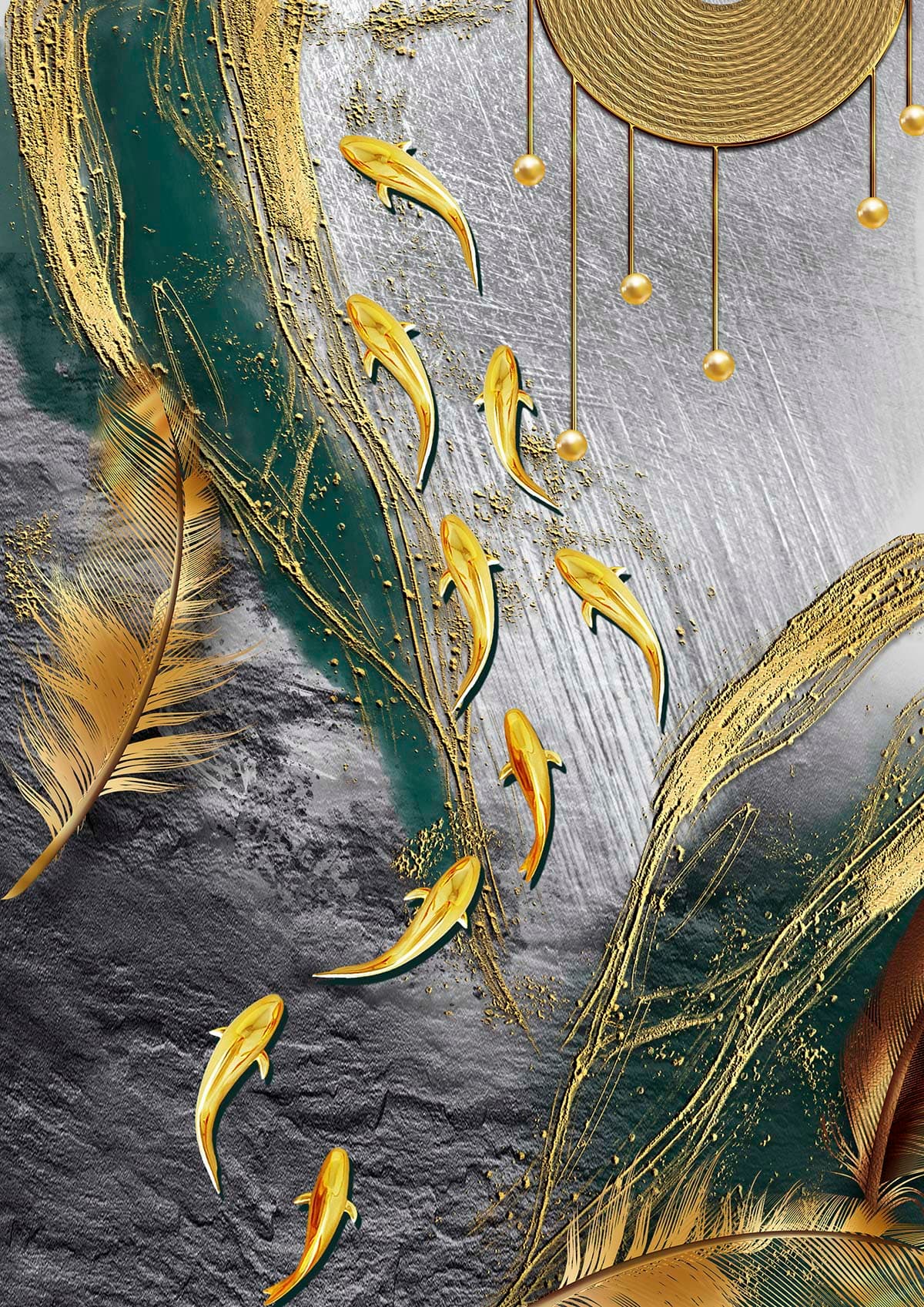 Elegant Gold Fish and Feathers Silver Art wallpaper pattern detail