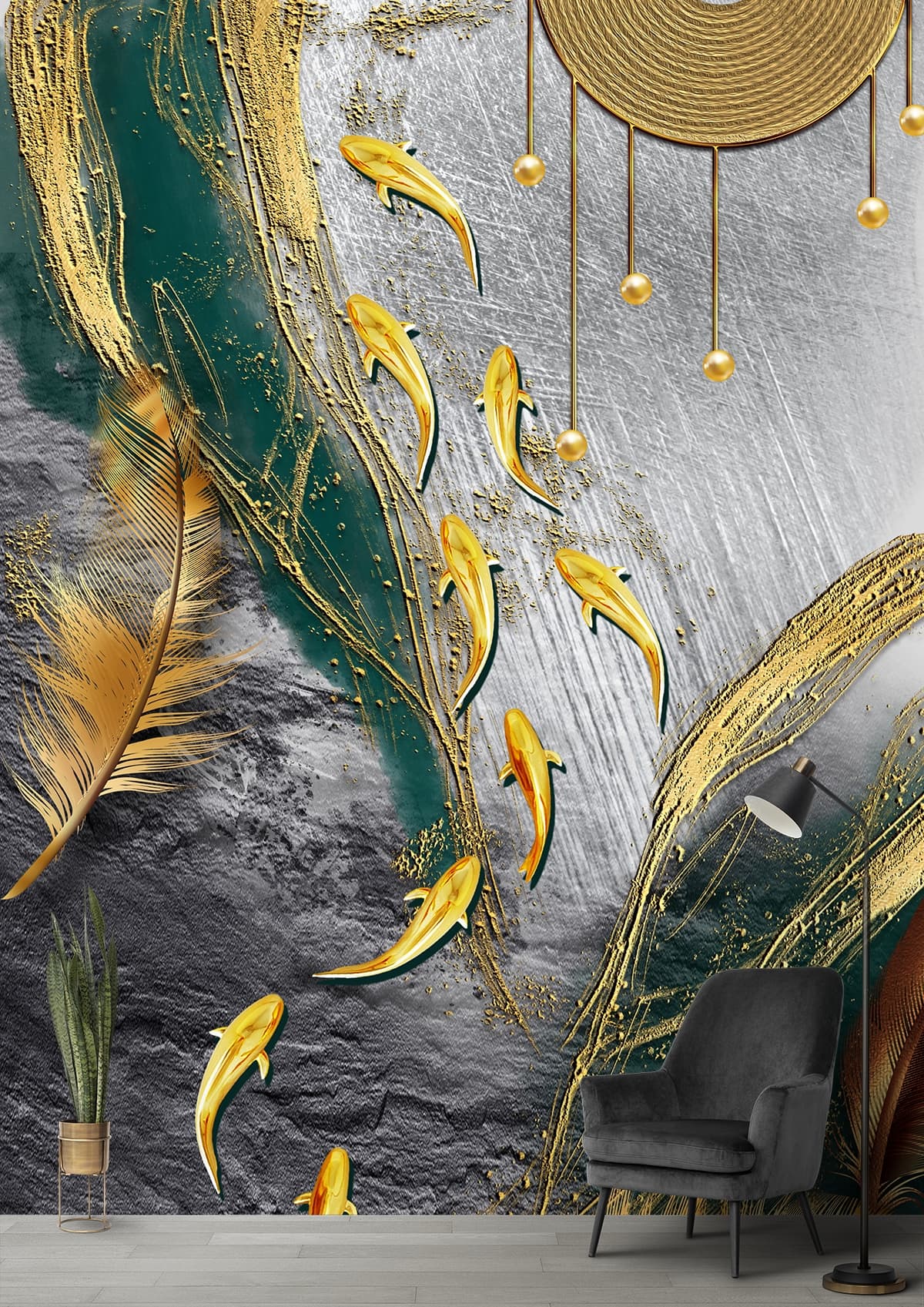 Elegant Gold Fish and Feathers Silver Art wallpaper shown in a room