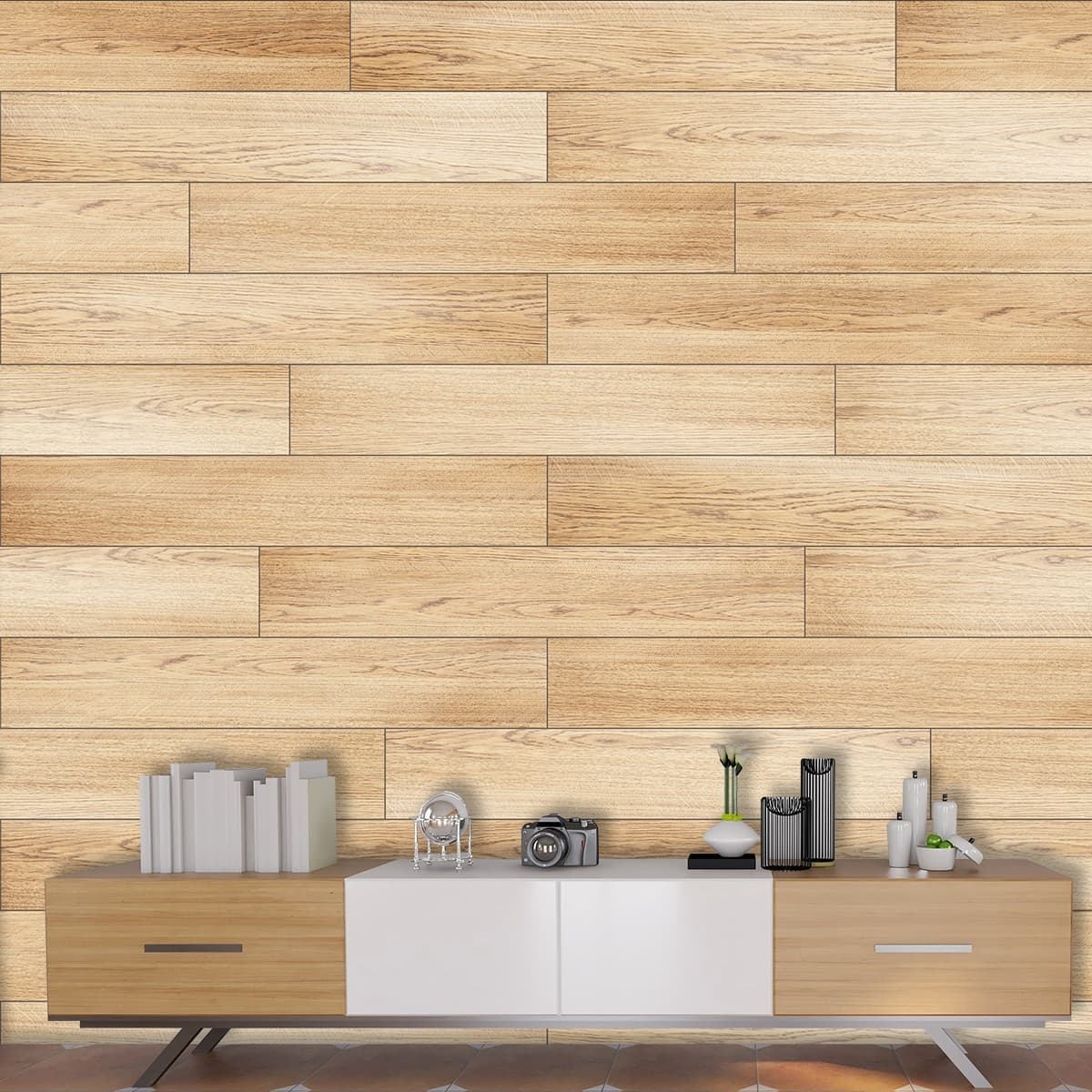 Rectangular Shapes Wooden Texture Wallpaper shown in a room