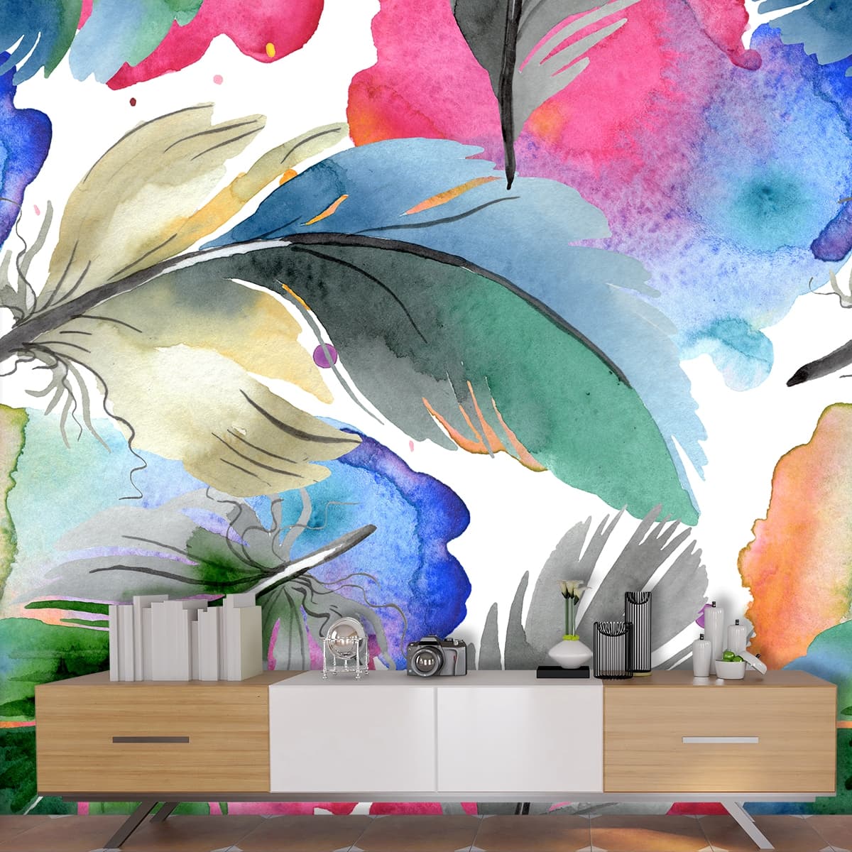 Colorful Feathers on White Background Minimal Wallpaper shown in a room