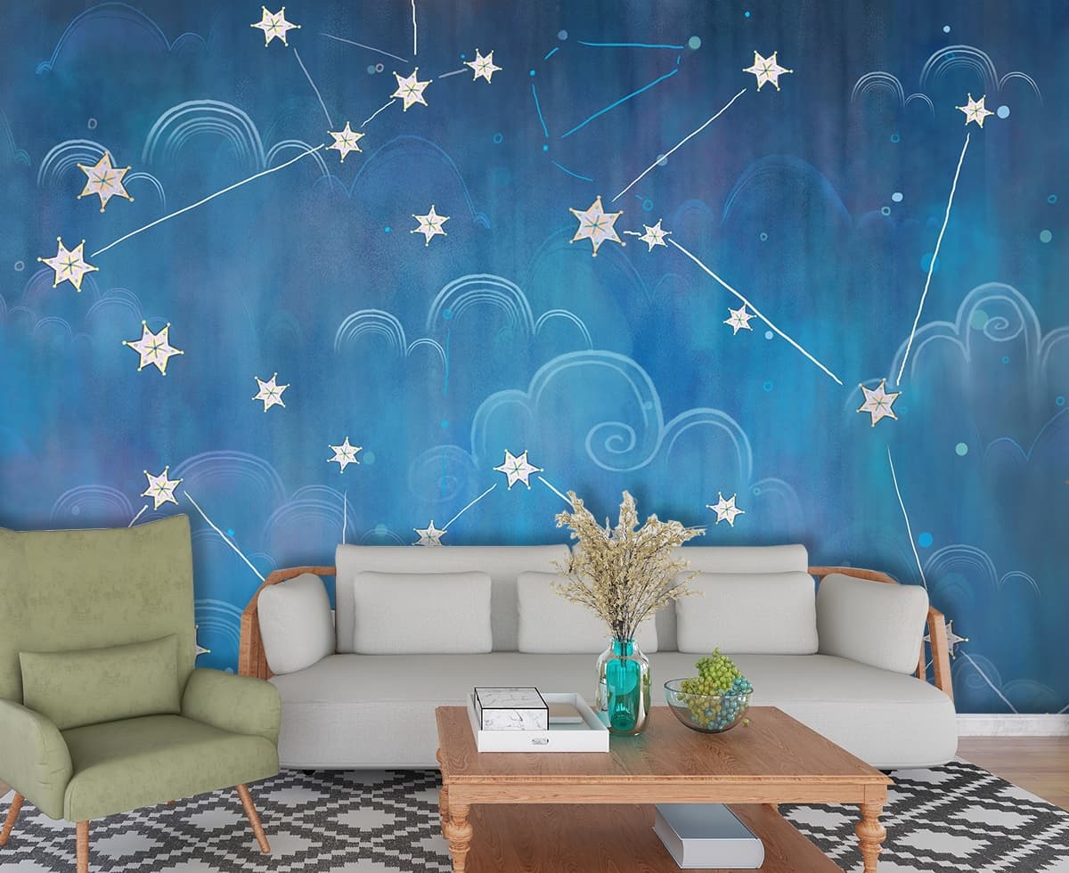 Blue Cloud and Stars Wallpaper for Walls shown in a room