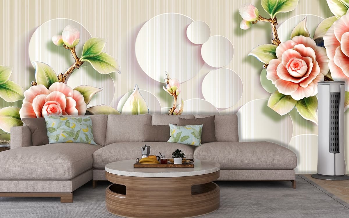 3D Flower and Circles Pattern Wallpaper Mural shown in a room
