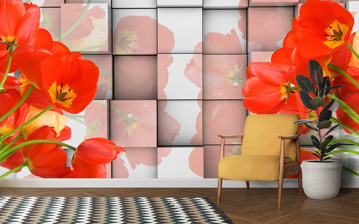 Red flowers on a wall shown in a room