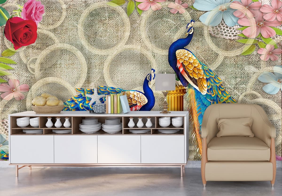 Peacocks on Pillars Wallpaper shown in a room
