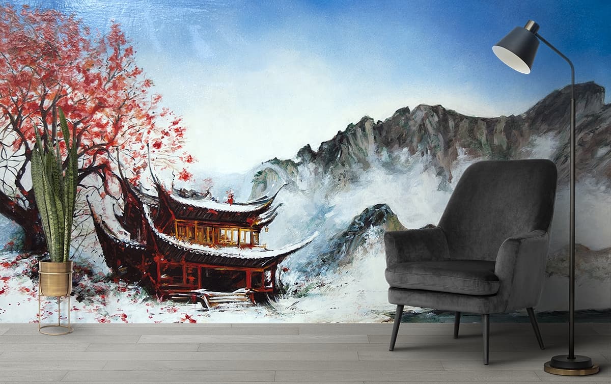 Abstract Building Painting with Artistic Texture shown in a room