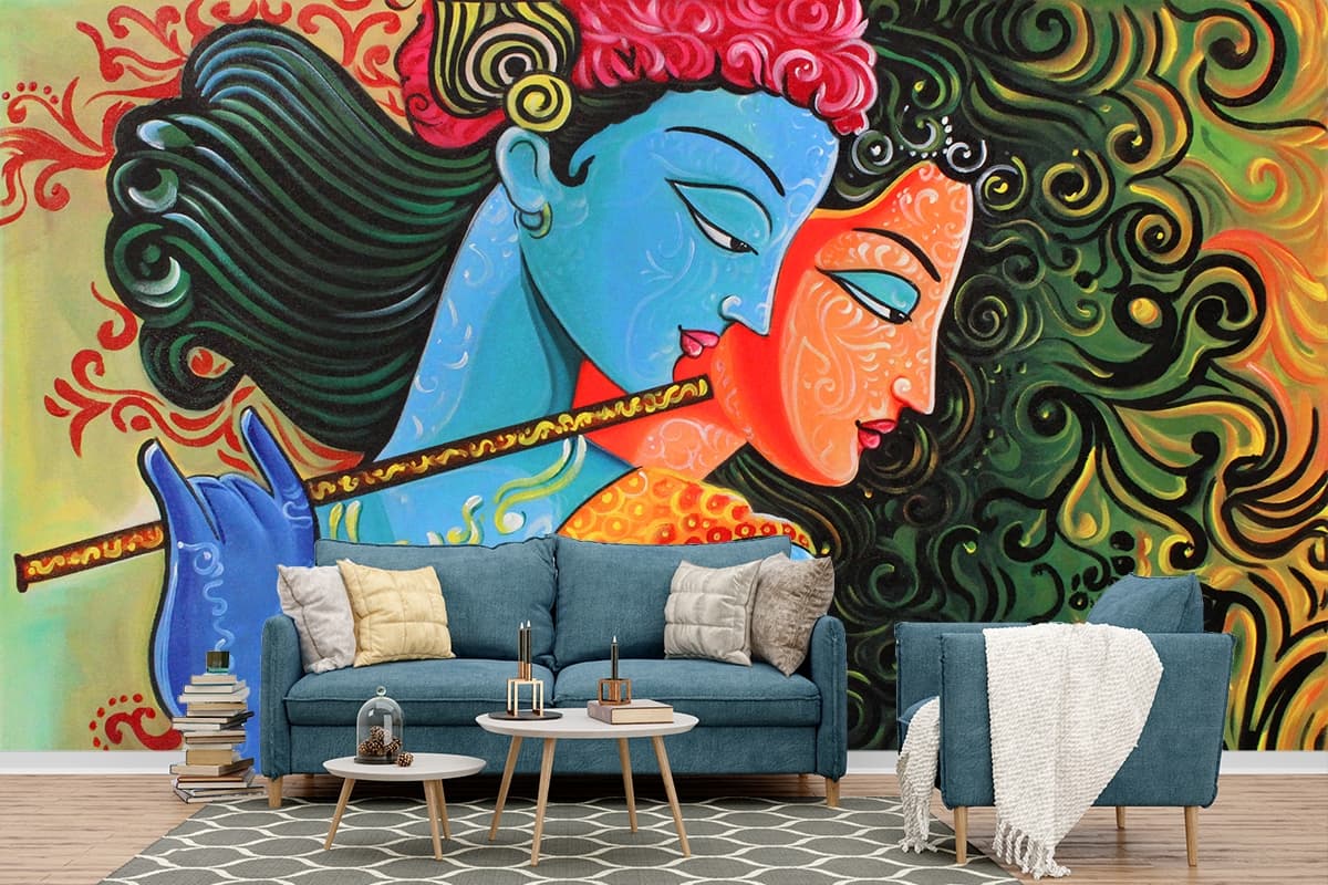 Painting Wallpaper of Radha Krishna for Walls shown in a room