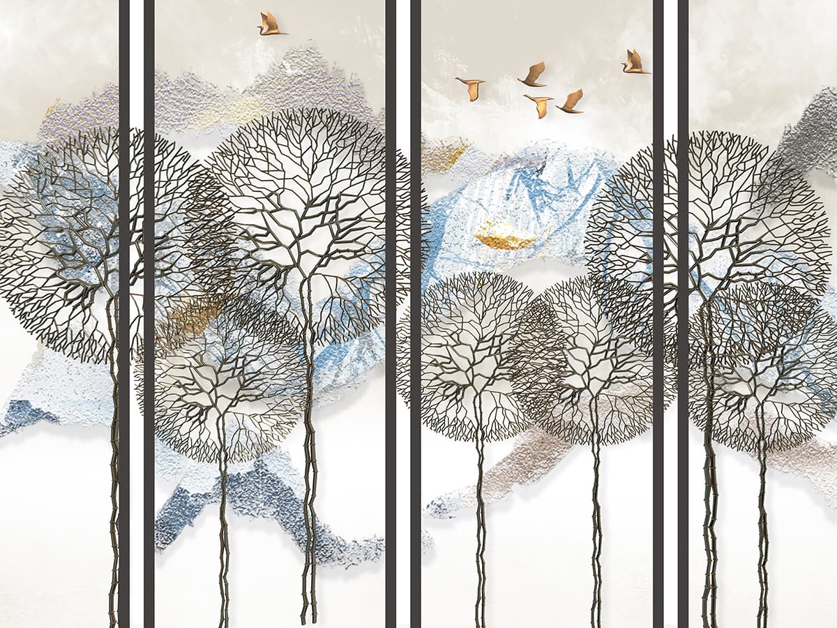 Flying Birds Over Trees Peaceful Nature View Wallpaper pattern detail