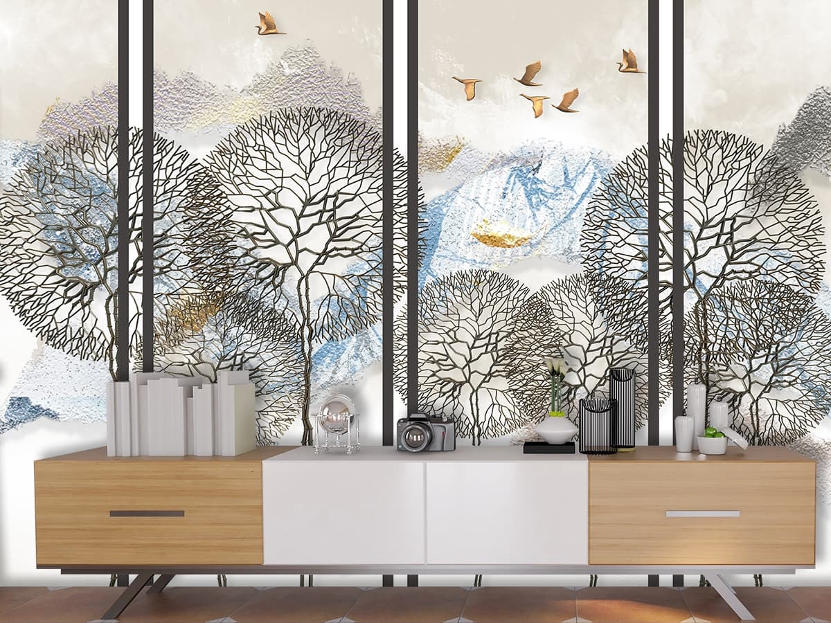 Flying Birds Over Trees Peaceful Nature View Wallpaper shown in a room