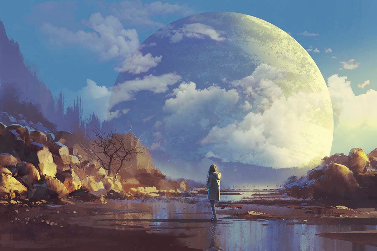 A woman standing in a puddle with a large planet in the background pattern detail