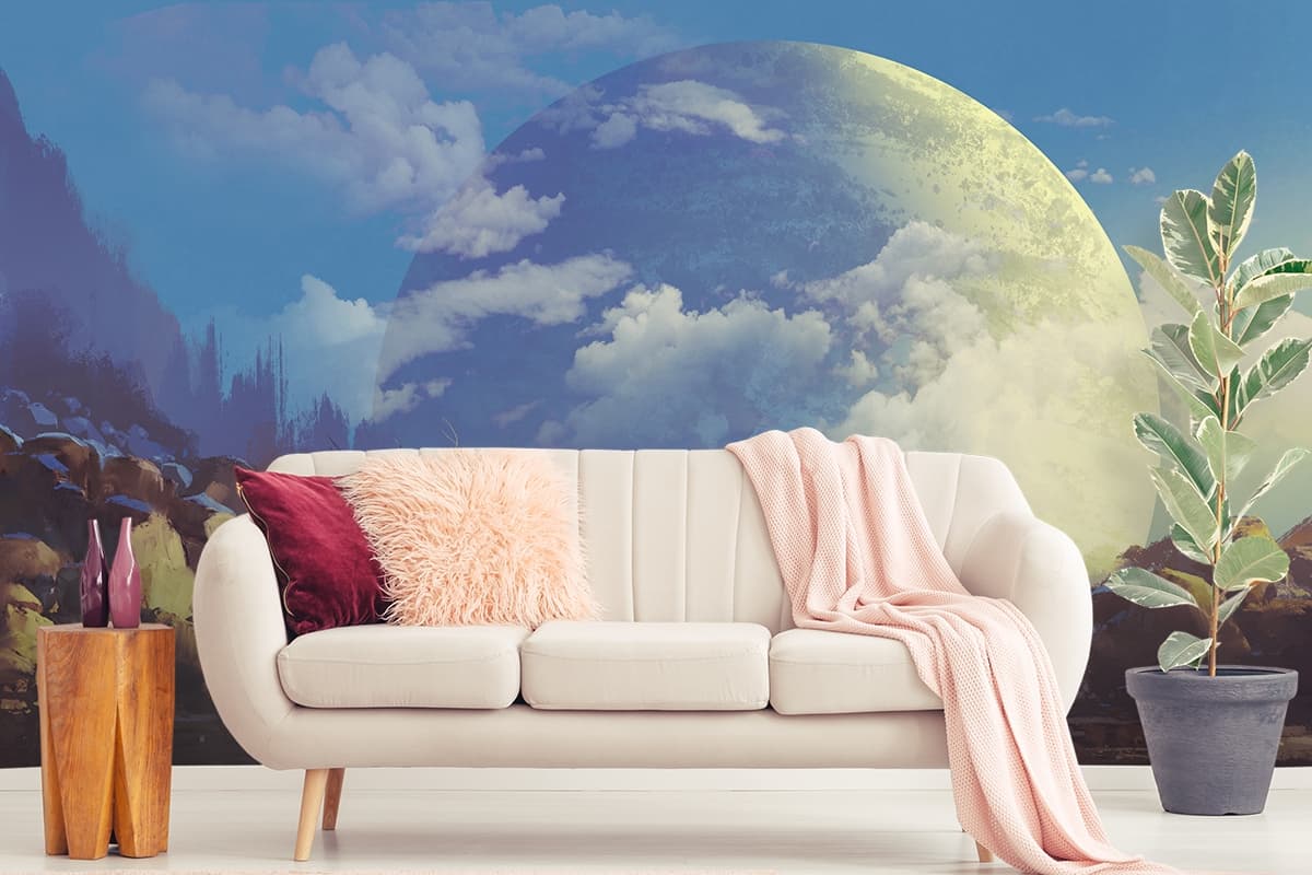 A woman standing in a puddle with a large planet in the background shown in a room