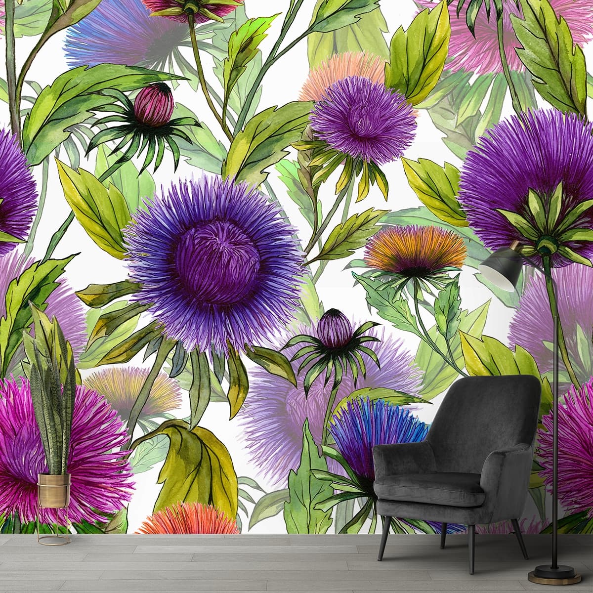 A colorful flowers with green leaves shown in a room
