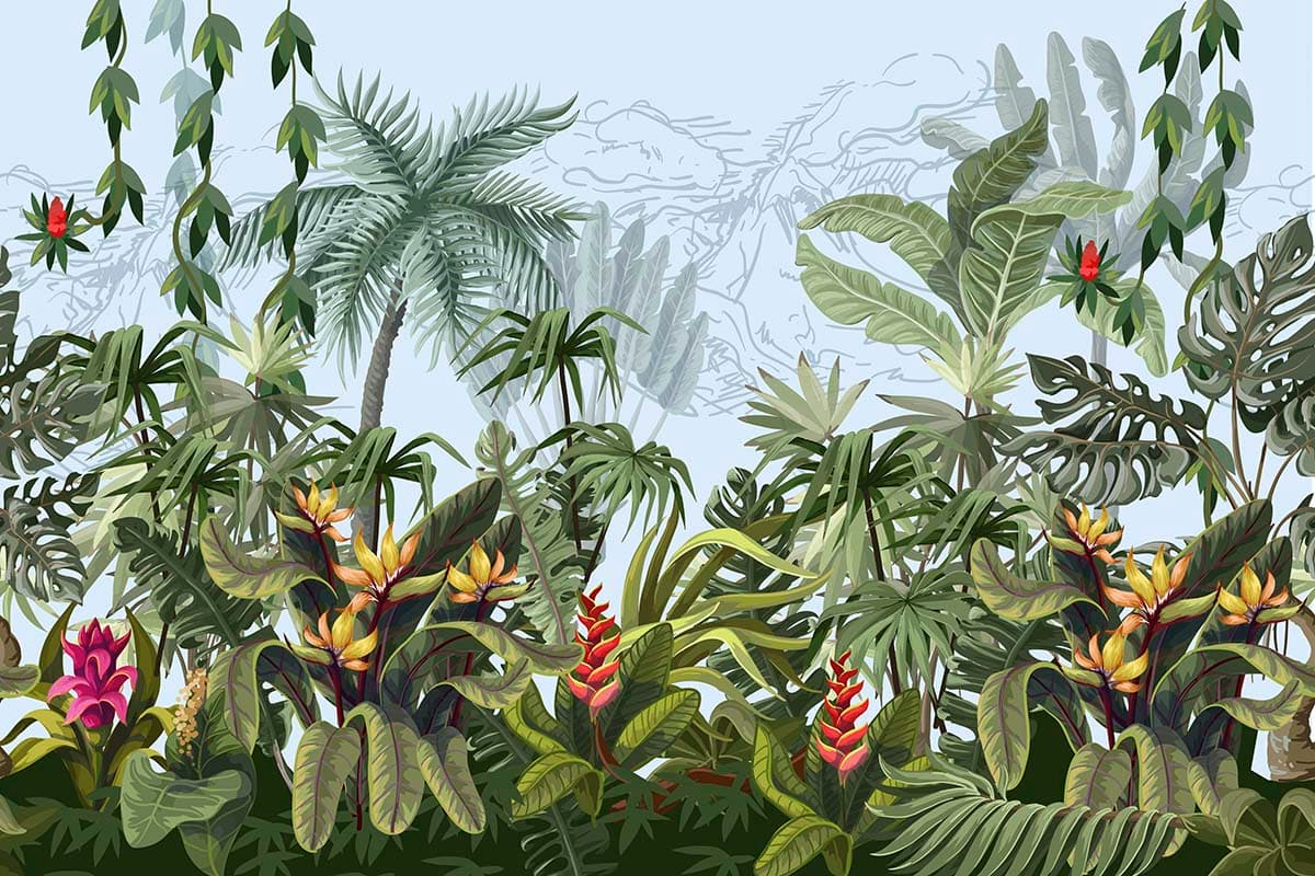 Tropical Green Botanical Leaves Modern Aesthetic wallpaper pattern detail