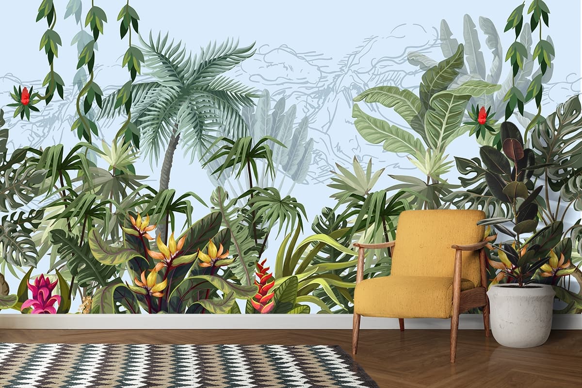 Tropical Green Botanical Leaves Modern Aesthetic wallpaper shown in a room