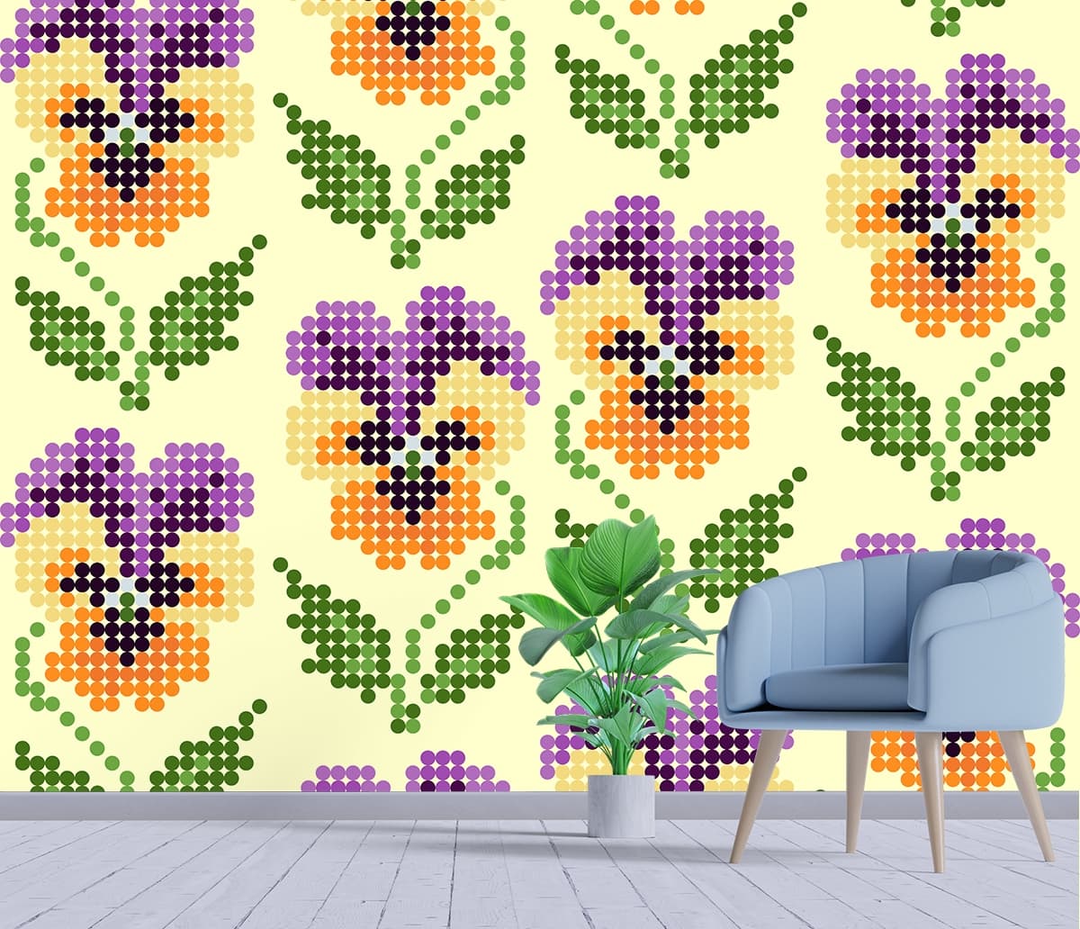 An Exquisite Design Wallpaper Pattern of Flowers in a Graphic Style shown in a room