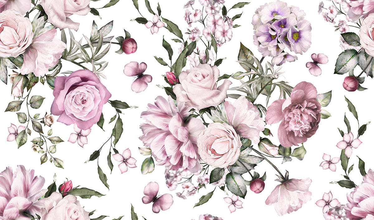 Garden Pink Flowers and Butterflies Pattern Wallpaper pattern detail