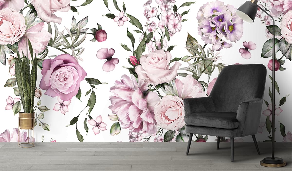 Garden Pink Flowers and Butterflies Pattern Wallpaper shown in a room