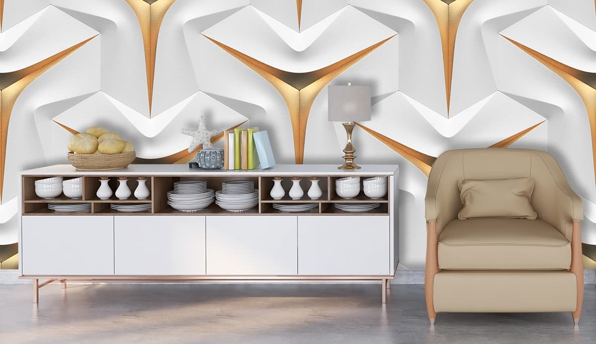 A white and gold wallpaper shown in a room