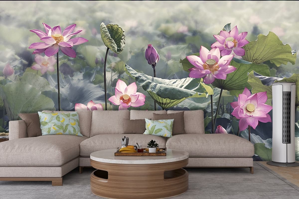 Botanical Pink Flowers with Green Leaves wallpaper shown in a room