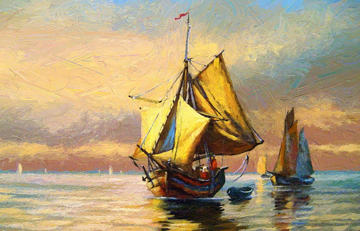 Boats on Water Painting Scenic Design wallpaper pattern detail