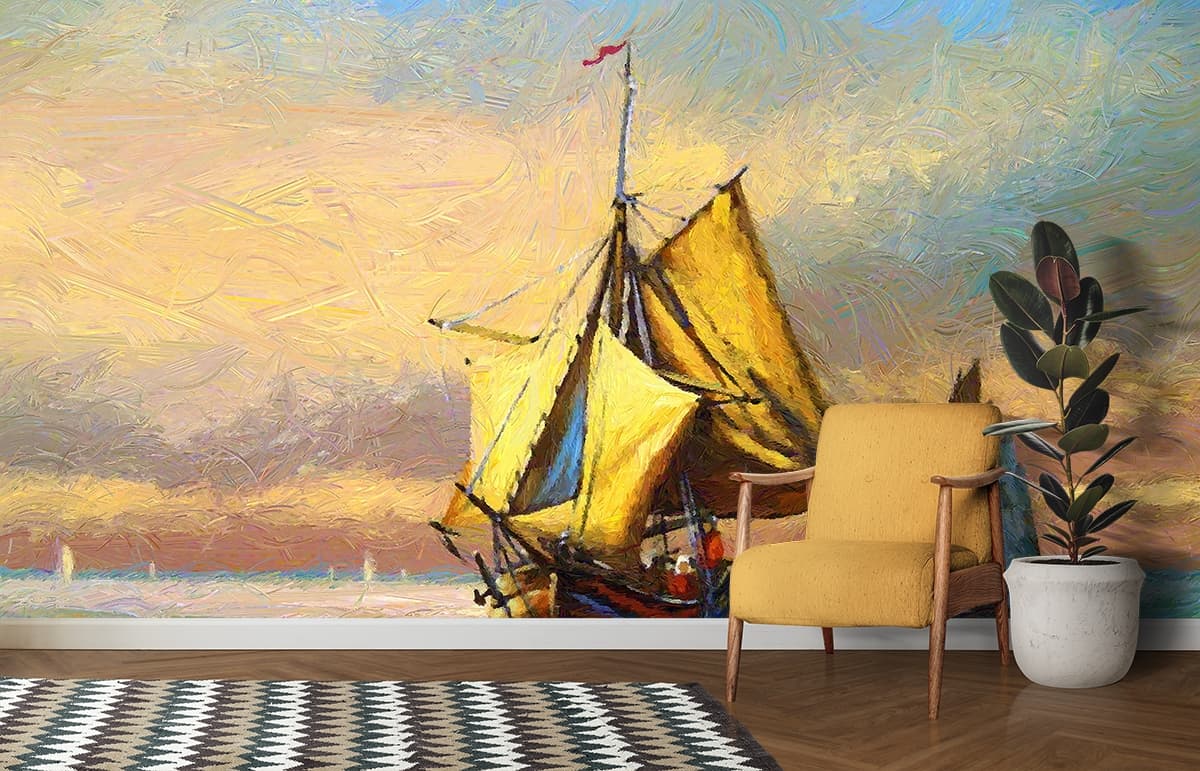 Boats on Water Painting Scenic Design wallpaper shown in a room