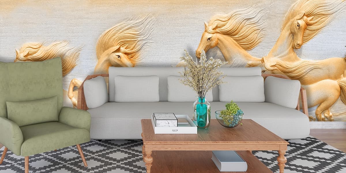 7 Horses Sculpture Wallpaper shown in a room
