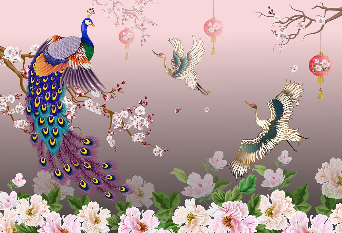 Colorful Birds and Flowers Wallpaper for Home pattern detail