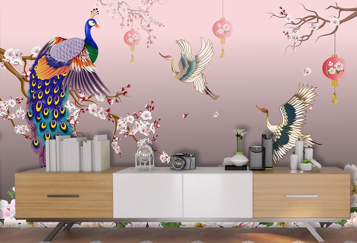 Colorful Birds and Flowers Wallpaper for Home shown in a room