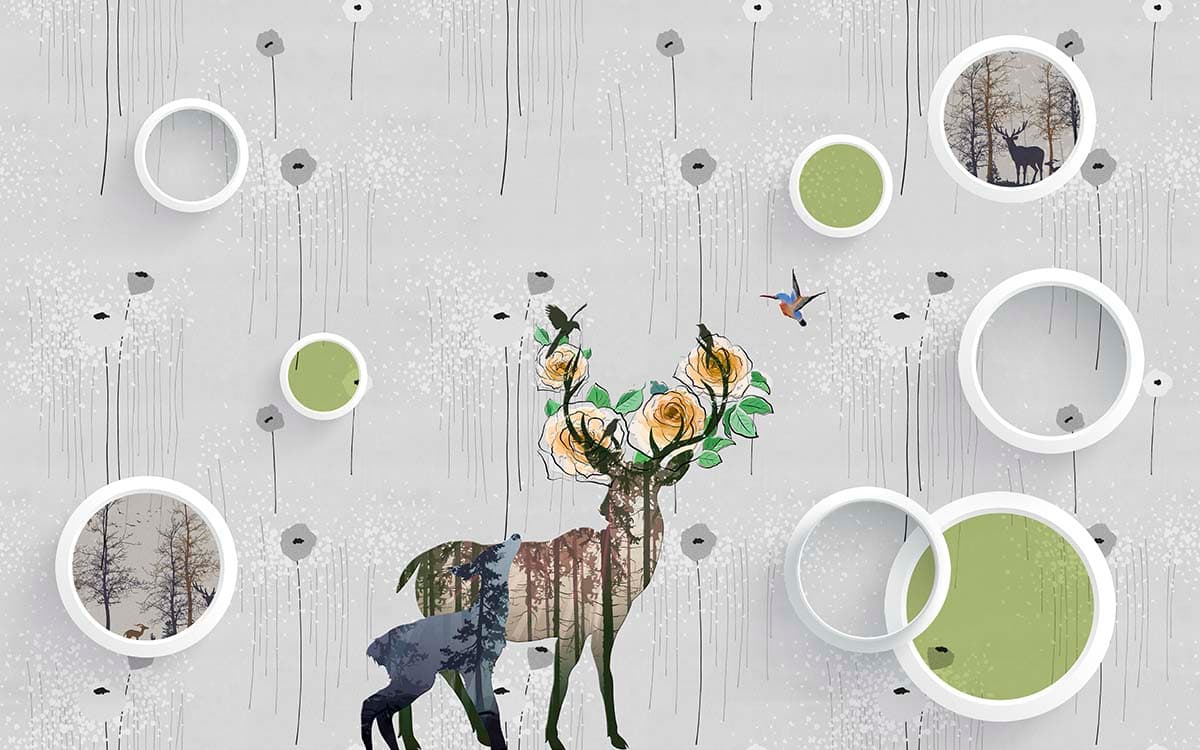 Wildlife Deer with Flowers Aesthetic Wallpaper pattern detail