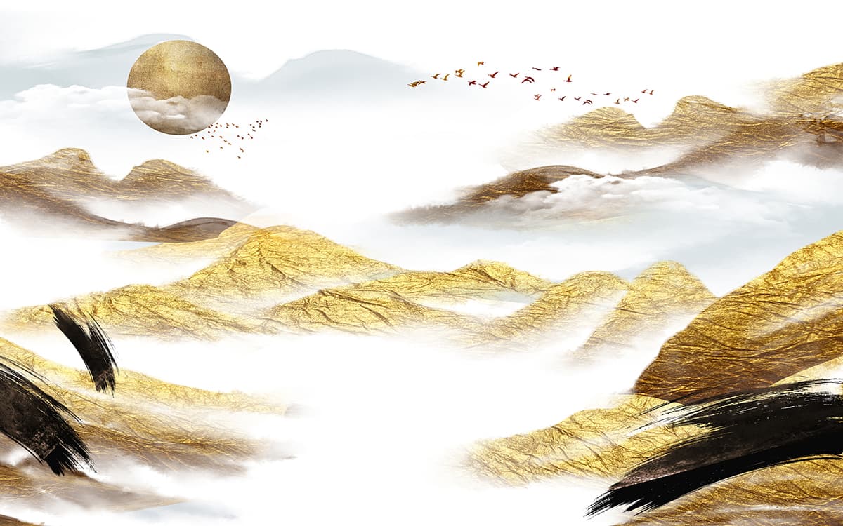 Natural Mountain View with Clouds and Birds Wallpaper pattern detail