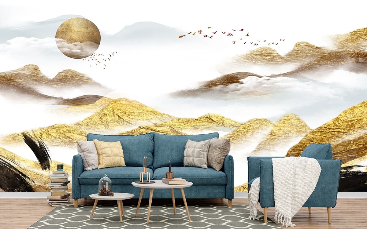 Natural Mountain View with Clouds and Birds Wallpaper shown in a room