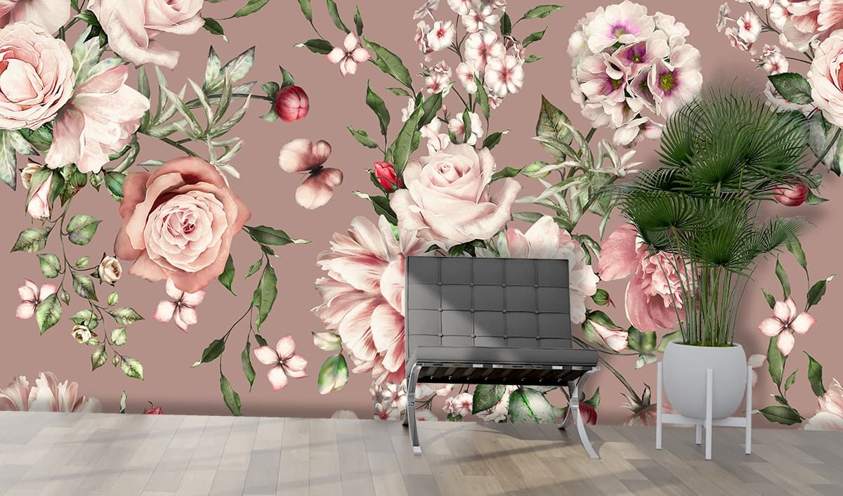 Luxury Floral and Butterfly Pattern Wall Design Wallpaper shown in a room