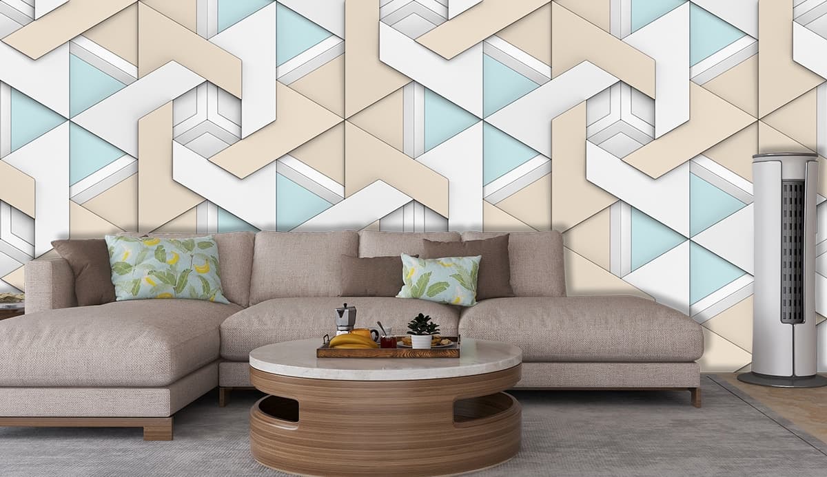 A pattern of white and blue triangles shown in a room