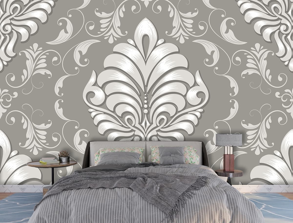 Elegant Gray Damask Pattern Luxury Wallpaper shown in a room