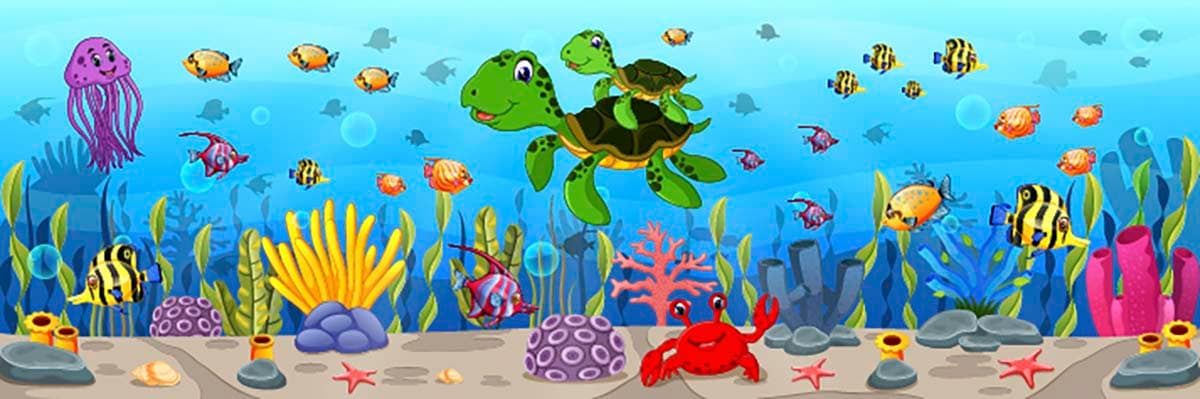 A Cute Turtles and Fishes in Ocean Kids Wallpaper Mural pattern detail