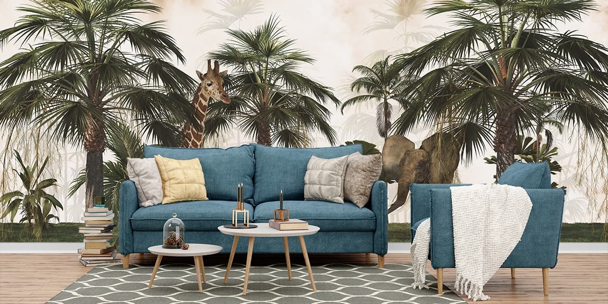 Beautiful Palm Tree Safari Scene wallpaper shown in a room