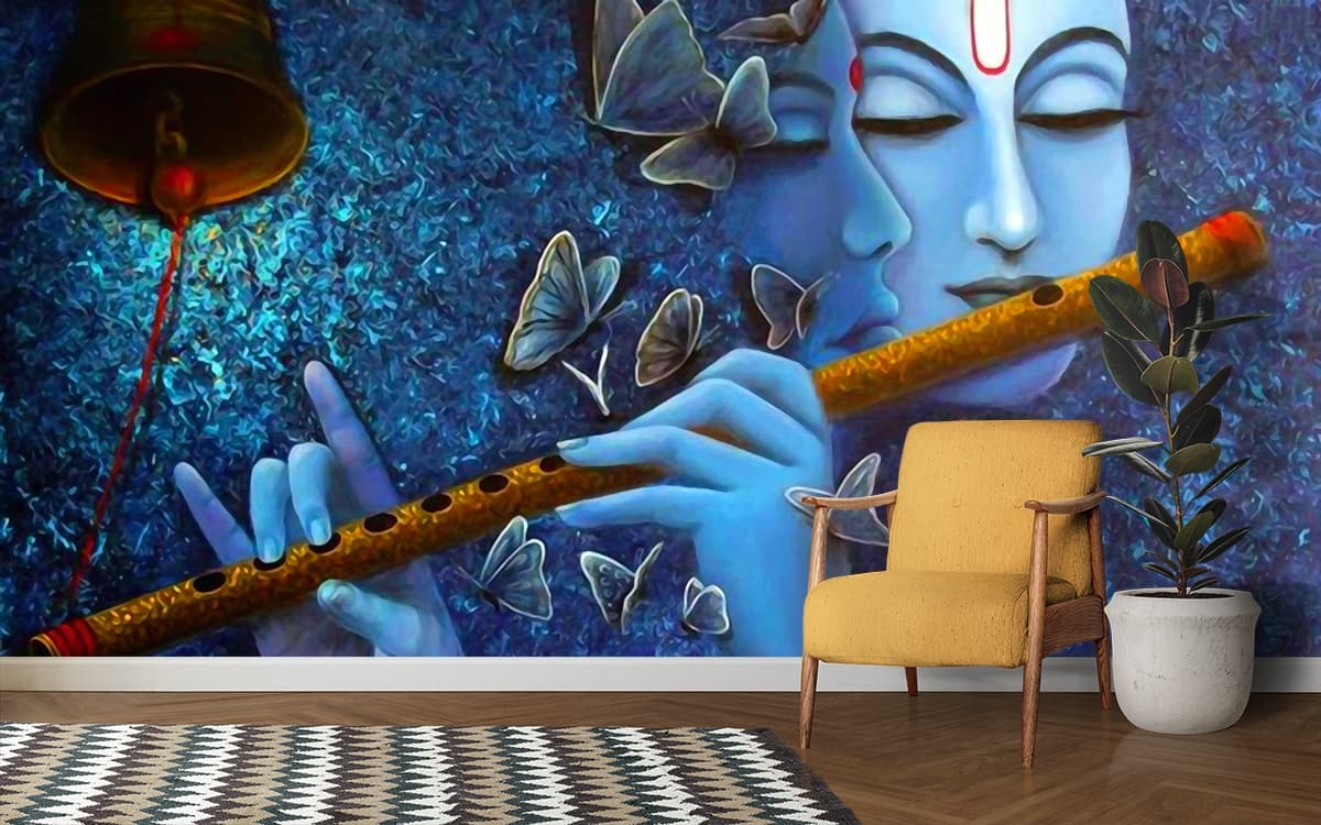 Radha Krishna Playing Bansuri Wallpaper for Walls shown in a room