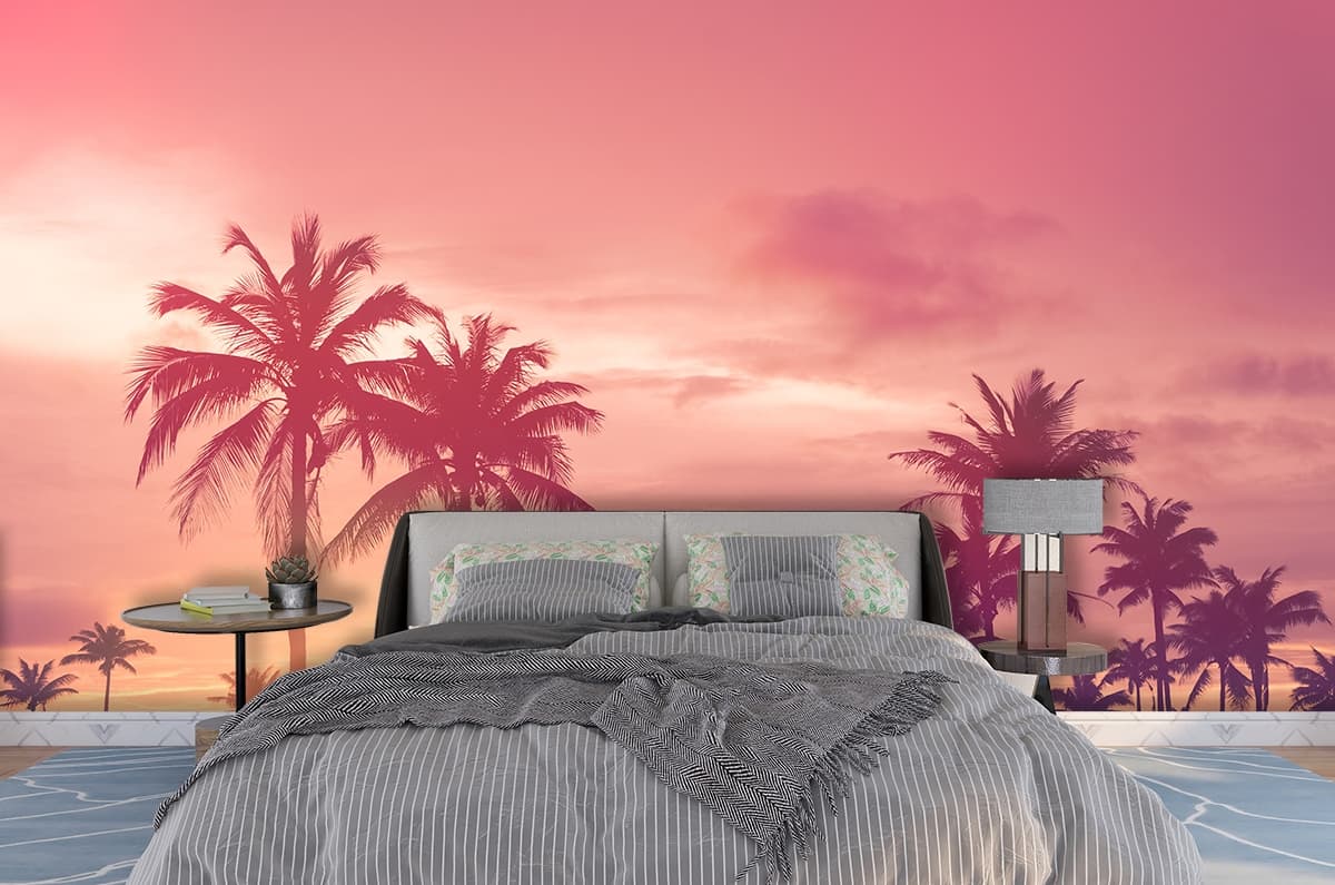 Palm Trees with Pink Sky Tropical Scene wallpaper shown in a room