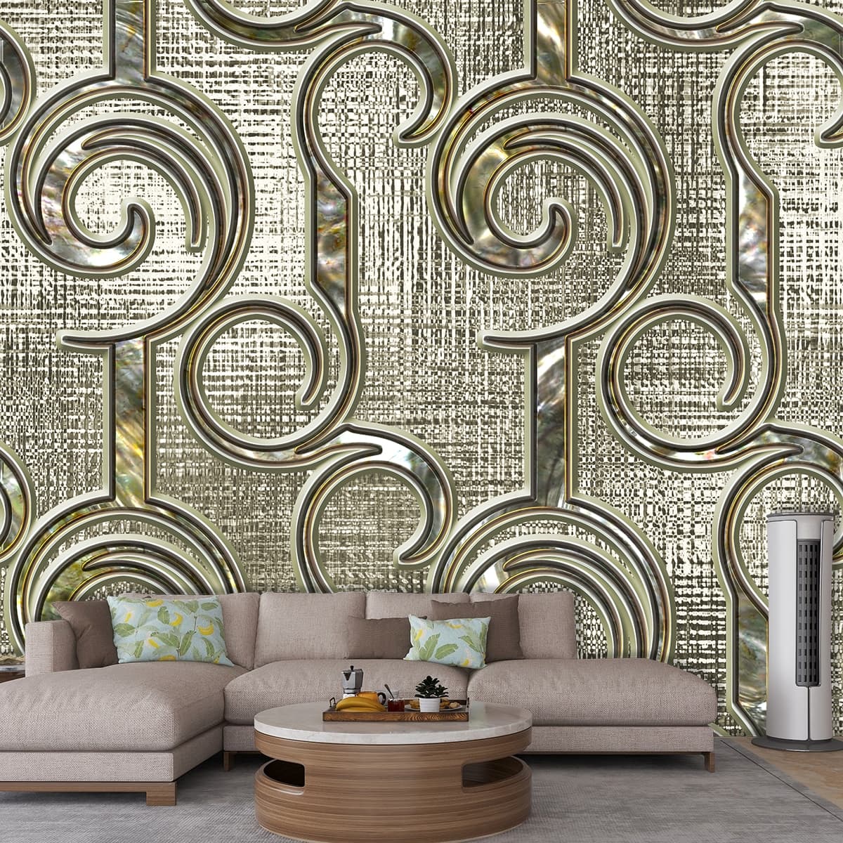A Seamless Texture Wallpaper with Golden Design shown in a room